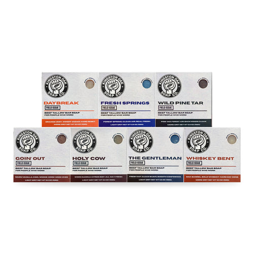 Core Collection seven-soap bundle with new Kingston Oak boxes: Daybreak, Fresh Springs, Wild Pine Tar, Goin' Out, Holy Cow, The Gentleman and Whiskey Bent.