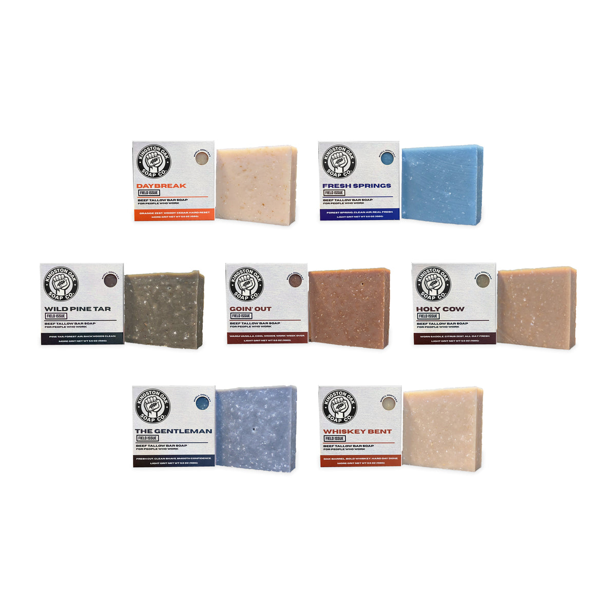 Core Collection bundle showing all seven new boxes beside their matching soap bars on a white background.