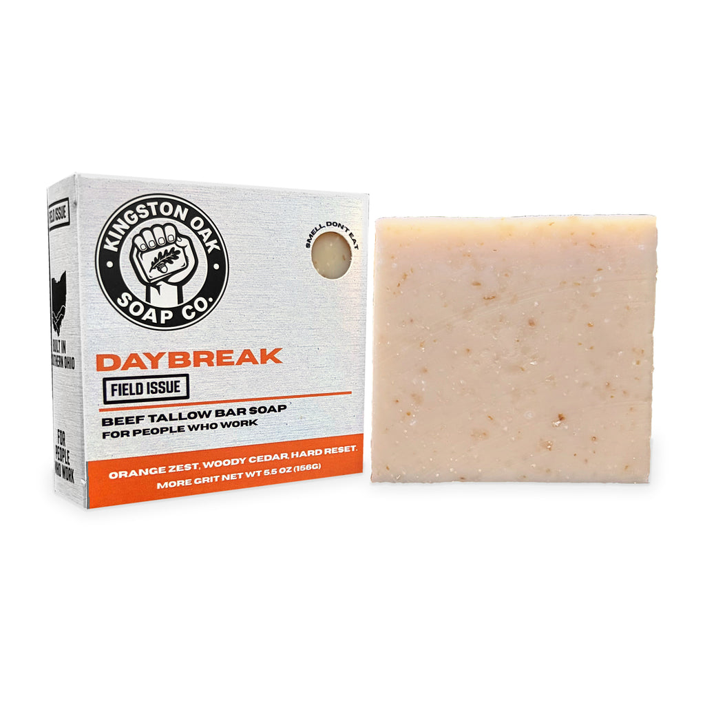 Daybreak beef tallow bar soap - angled view with bar