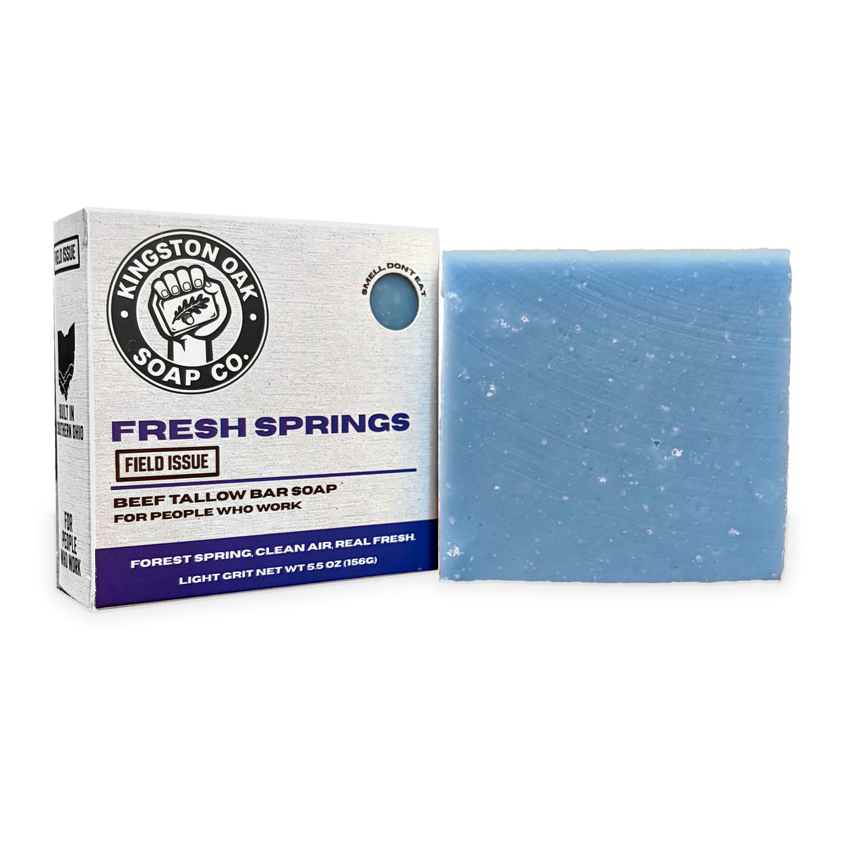 Fresh Springs beef tallow bar soap - angled view with bar