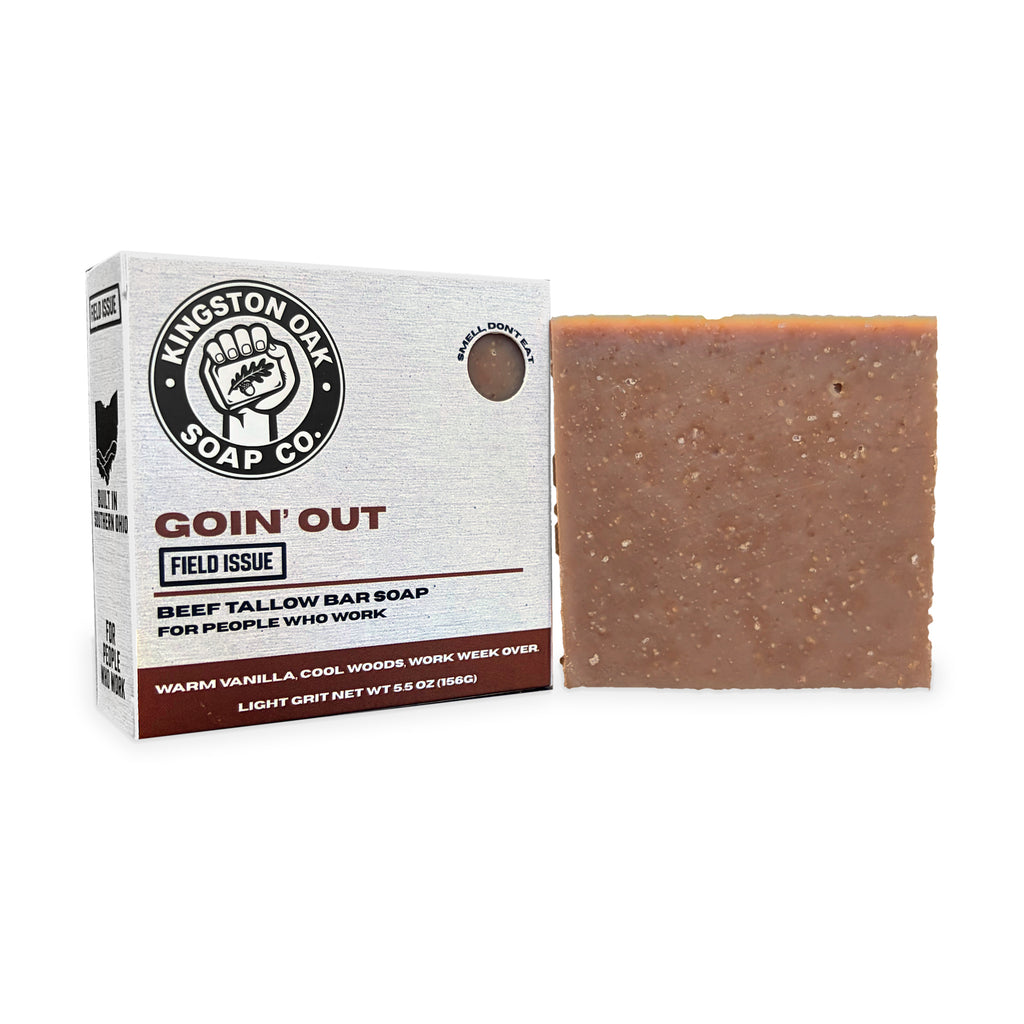 Goin' Out beef tallow bar soap - angled view with bar