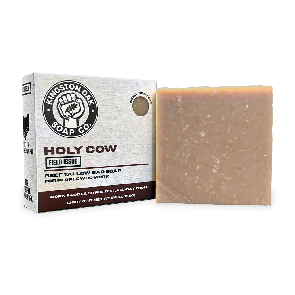 Holy Cow beef tallow bar soap - angled view with bar