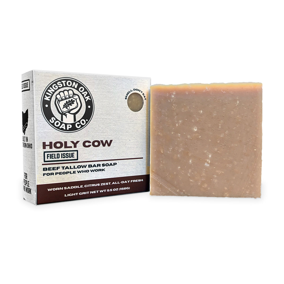 Holy Cow beef tallow bar soap - angled view with bar