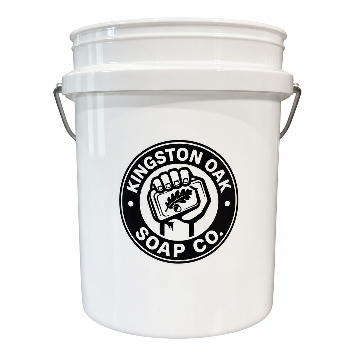 White Kingston Oak Soap Co. mini bucket with black fist-and-soap-bar seal and metal bail handle