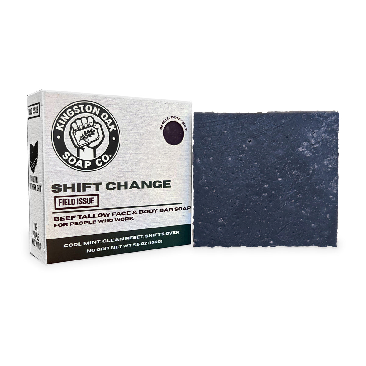 Shift Change beef tallow face and body bar soap - angled view with bar