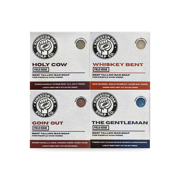 Signature Blend four-soap bundle with new Kingston Oak boxes: Holy Cow, Whiskey Bent, Goin' Out and The Gentleman.