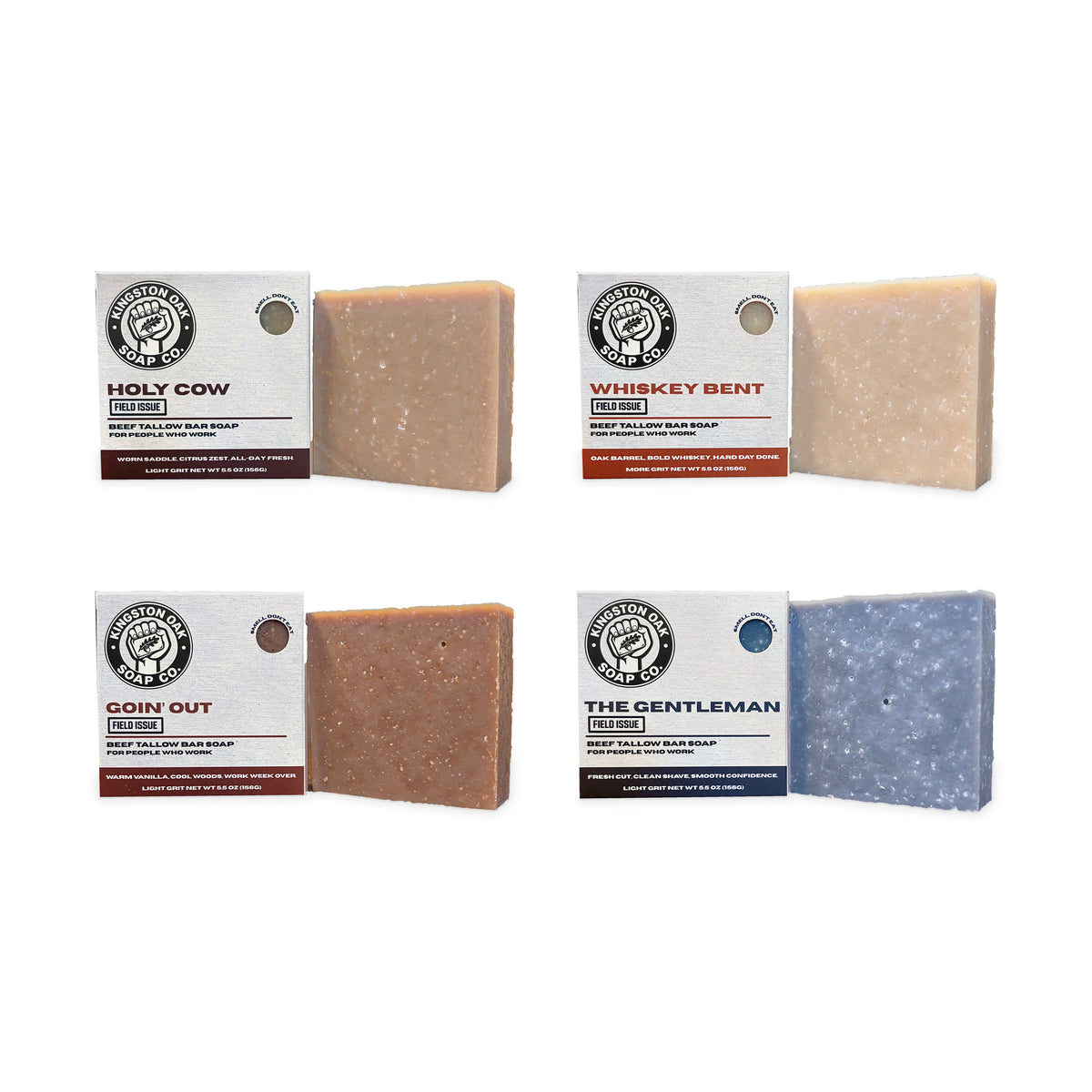Signature Blend bundle showing all four new boxes beside their matching soap bars on a white background.