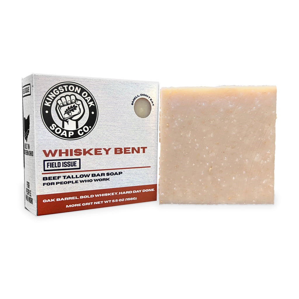 Whiskey Bent beef tallow bar soap - angled view with bar