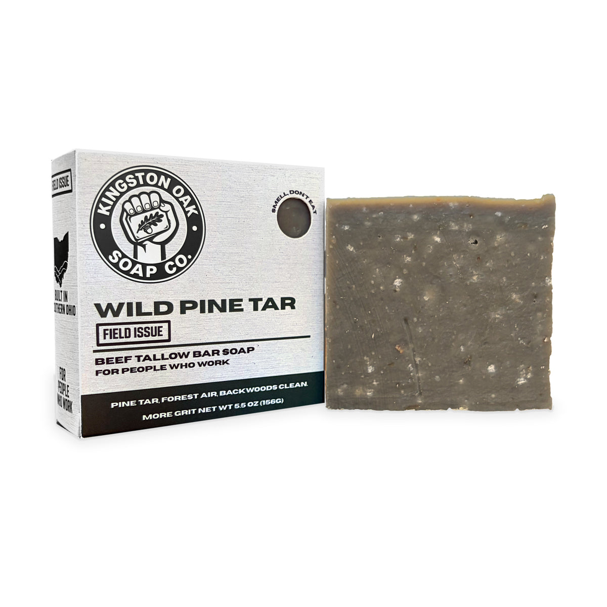 Wild Pine Tar beef tallow bar soap - angled view with bar
